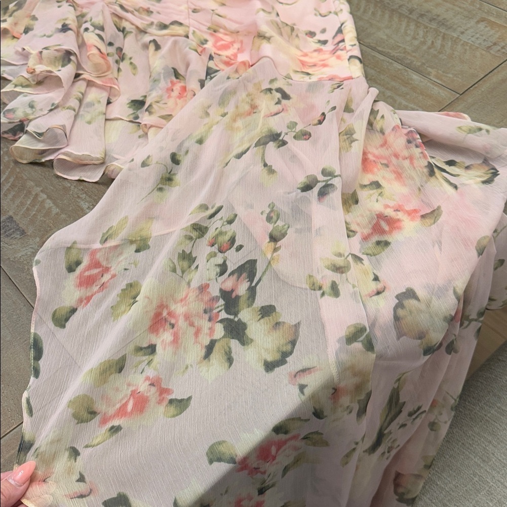 IEENA FOR MAC DUGGAL
Light Pink Floral Print Asymmetrical Ruffle Hem Dress - Picture 12 of 15